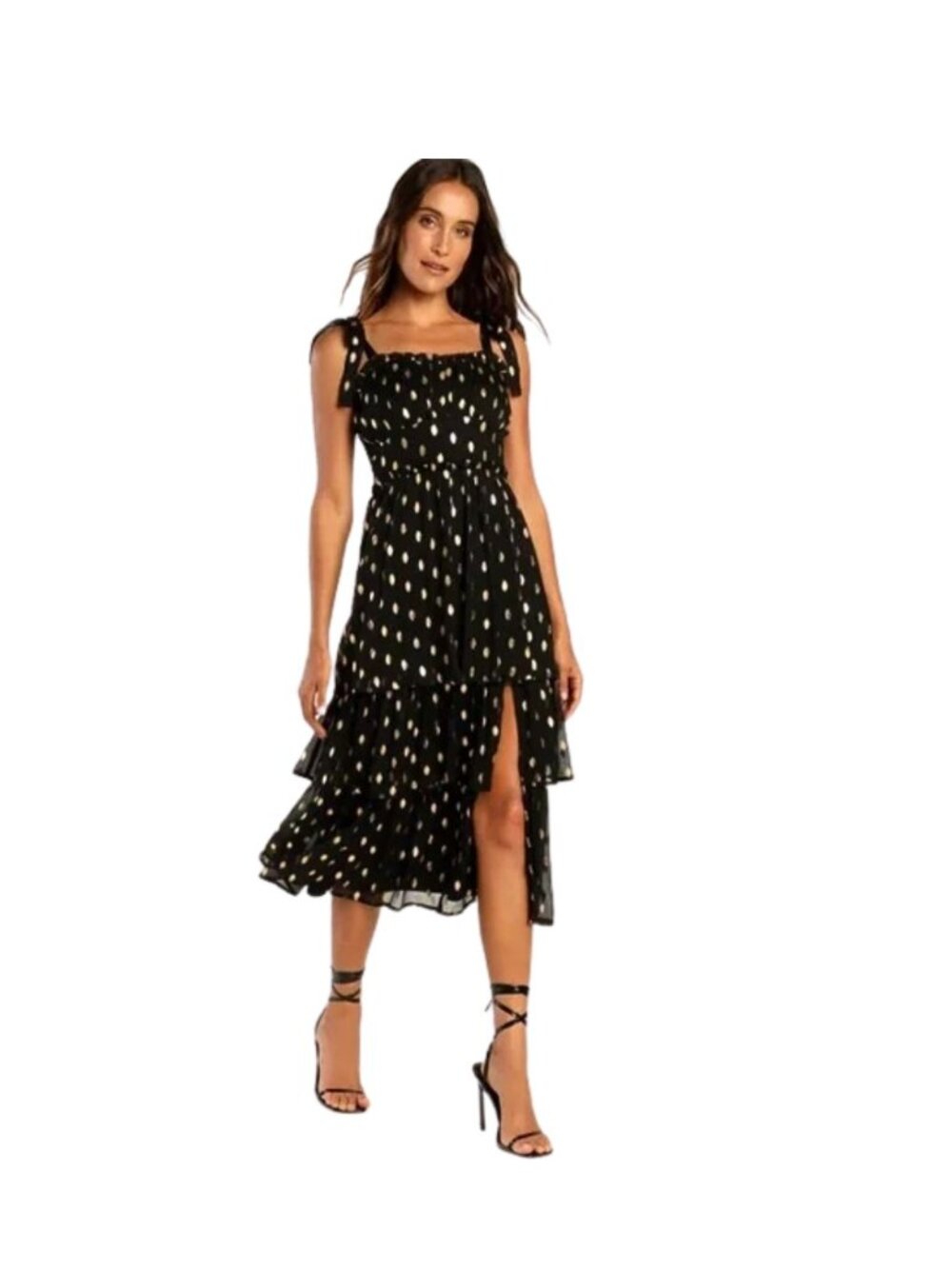 Lulus Black with Shiny Gold Polka Dot Tiered Dress Size XS